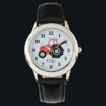 Reloj De Pulsera Tractor de la granja roja del niño con nombres de<br><div class="desc">Este bonito diseño es parte de una colección que incluye doodles de transporte bonitos para ropa y accesorios para niños. El diseño presenta un coloreado tractor rojo de doodle dibujado a mano sobre azul, y se puede personalizar con el nombre de tu hijo. ¡Perfecto para una granja y un tractor...</div>