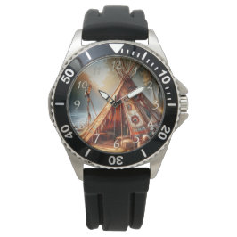 Reloj De Pulsera Tranquila tepee indígena junto a un río sereno