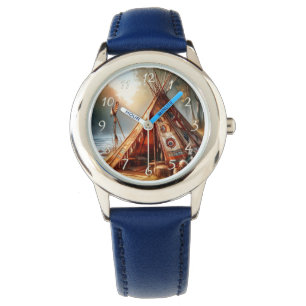Reloj De Pulsera Tranquila tepee indígena junto a un río sereno