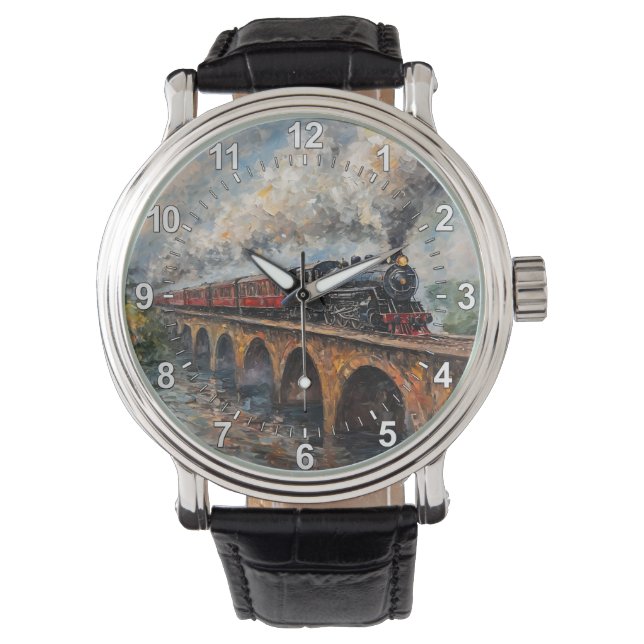 Reloj De Pulsera Tren de vapor en un puente - pintura al petróleo (Anverso)