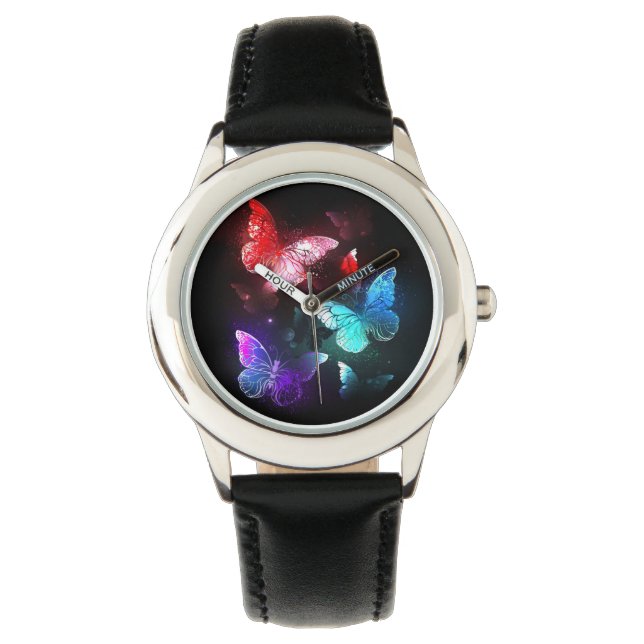 Reloj De Pulsera Tres mariposas brillantes en el fondo nocturno (Anverso)