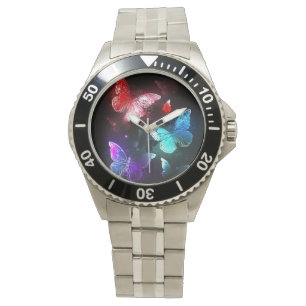 Reloj De Pulsera Tres mariposas brillantes en el fondo nocturno