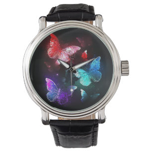 Reloj De Pulsera Tres mariposas brillantes en el fondo nocturno