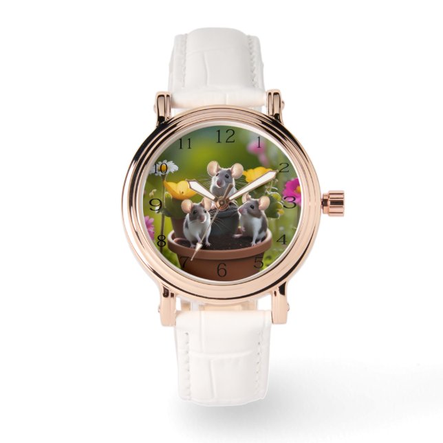 Reloj De Pulsera Tres Ratones En Flores, (Anverso)