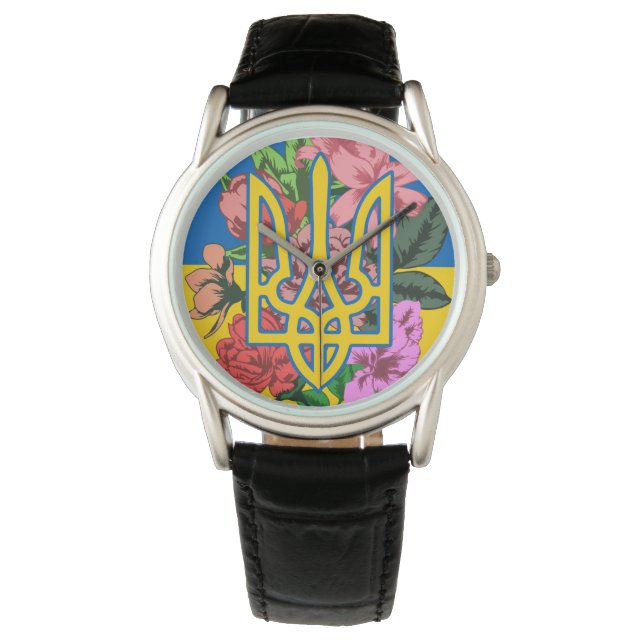 Reloj De Pulsera Tridente ucraniano y bandera de Ucrania con flores (Anverso)