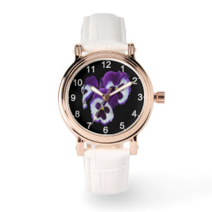 Reloj De Pulsera Trío de flores de pensamiento púrpura y blanco: Ar