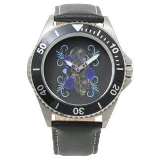 Reloj De Pulsera Triple Día Negro De Los Cránulos Muertos Rosas Azu