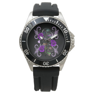 Reloj De Pulsera Triple Día Negro De Los Cránulos Muertos Rosas Mor