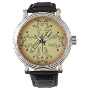 Reloj De Pulsera Trombone ~ Musical Scroll ~ Fondo de oro ~
