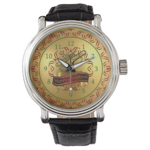 Reloj De Pulsera Trombone ~ Musical Scroll ~ Oro "Feliz Navidad"