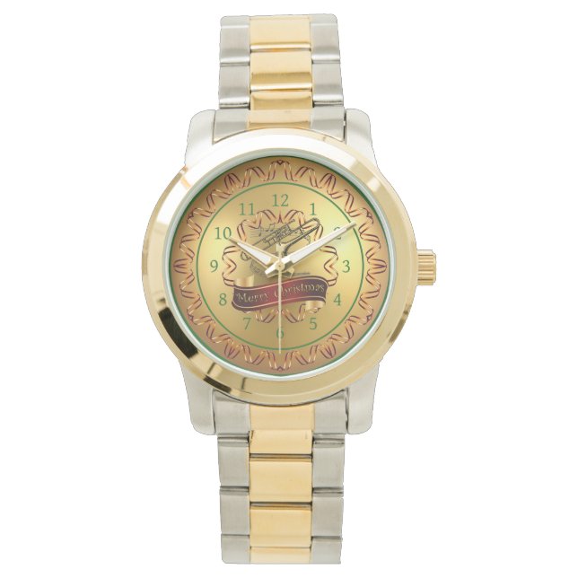 Reloj De Pulsera Trombone ~ Musical Scroll ~ Oro "Feliz Navidad" (Anverso)