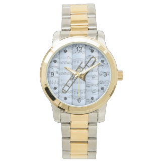Reloj De Pulsera Trombone~Rolling Sheet Music~Blue Tint Background~