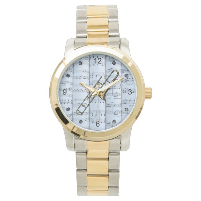 Reloj De Pulsera Trombone~Rolling Sheet Music~Blue Tint Background~ (Anverso)