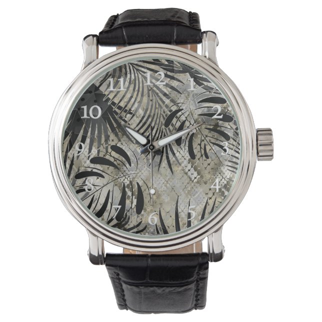 Reloj De Pulsera Tropical, Botánica, piel de serpiente, hojas, palm (Anverso)