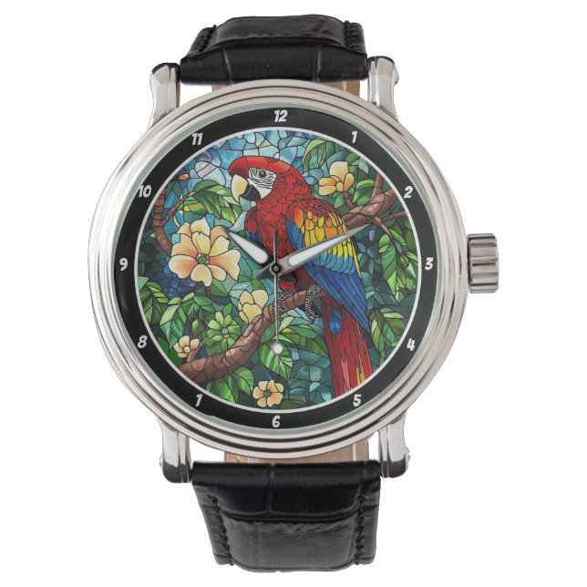 Reloj De Pulsera Tropical Canopy Time" - Stained Glass Parrot  (Anverso)