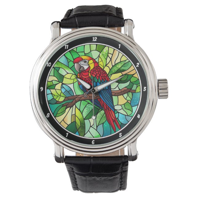 Reloj De Pulsera Tropical Kaleidoscope" - Stained Glass Parrot (Anverso)