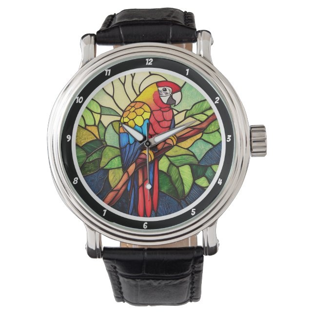Reloj De Pulsera Tropical Kaleidoscope" - Stained Glass Parrot (Anverso)
