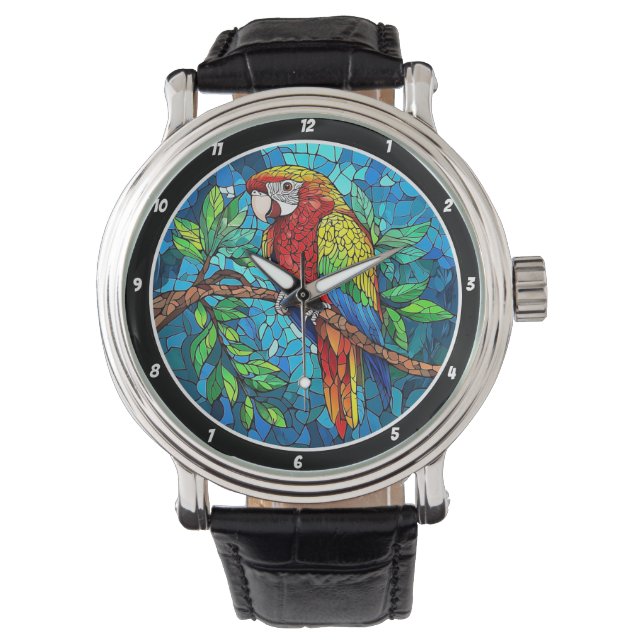 Reloj De Pulsera Tropical Radiance" - Stained Glass Macaw (Anverso)