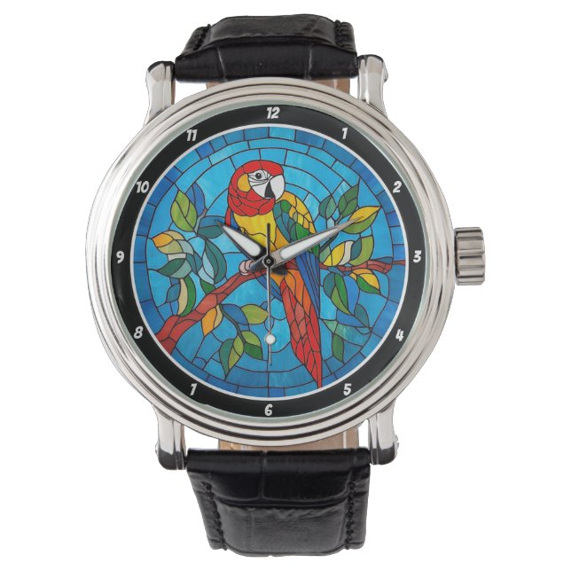 Reloj De Pulsera Tropical Splendor" - Stained Glass Parrot Wall (Anverso)