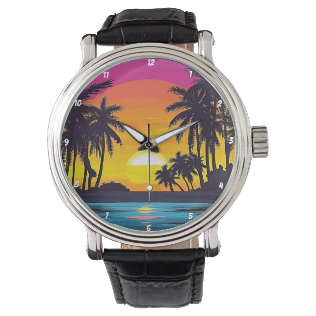 Reloj De Pulsera Tropical Sunset Palm Tree Beach (Anverso)