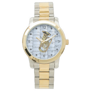 Reloj De Pulsera Tuba ~ Rolling Sheet Music ~ Blue Tint Background 