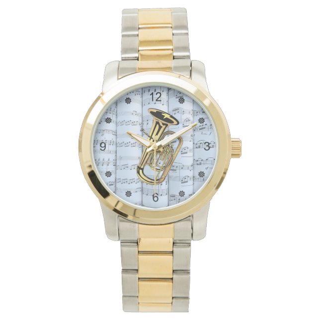 Reloj De Pulsera Tuba ~ Rolling Sheet Music ~ Blue Tint Background  (Anverso)