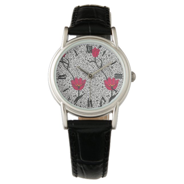 Reloj De Pulsera Tulip Damasco de Art Nouveau, gris y rojo (Anverso)
