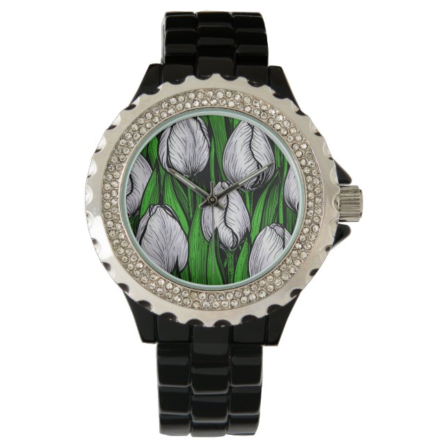 Reloj De Pulsera Tulipanes blancos con hojas verdes (Anverso)