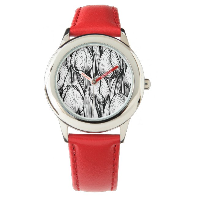 Reloj De Pulsera Tulipanes en blanco y negro (Anverso)
