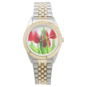 Reloj De Pulsera Tulipanes Rojos Sobre Blanco