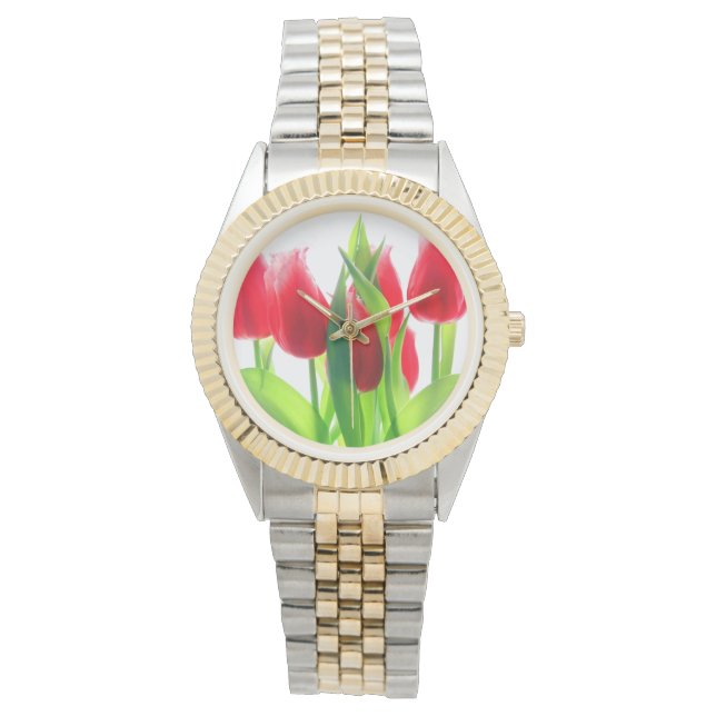Reloj De Pulsera Tulipanes Rojos Sobre Blanco (Anverso)