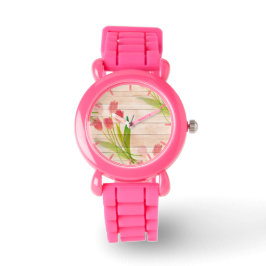 Reloj De Pulsera Tulipanes rojos sobre fondo de madera limpia