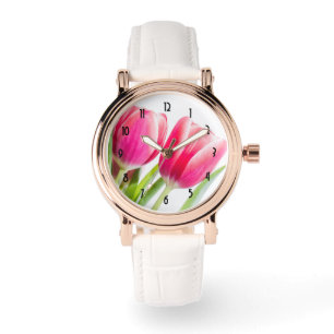 Reloj De Pulsera Tulipanes rosados con foto de hojas verdes