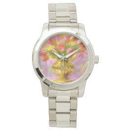 Reloj De Pulsera Tulipanes rosados vibrantes en la caja dorada