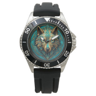 Reloj De Pulsera Turquesa y lobo de oro
