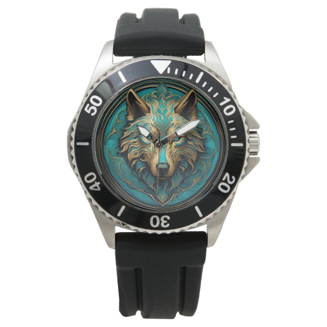 Reloj De Pulsera Turquesa y lobo de oro (Anverso)