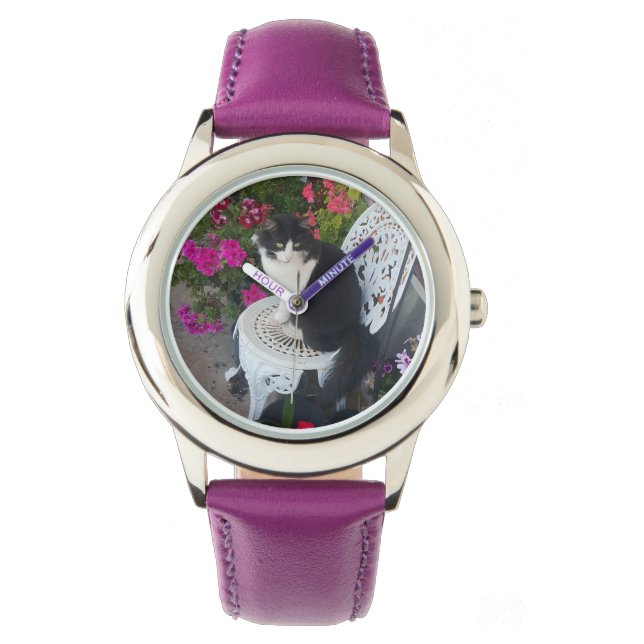 Reloj De Pulsera Tuxedo Cat Maroon Dark Pink Cats and Flowers (Anverso)