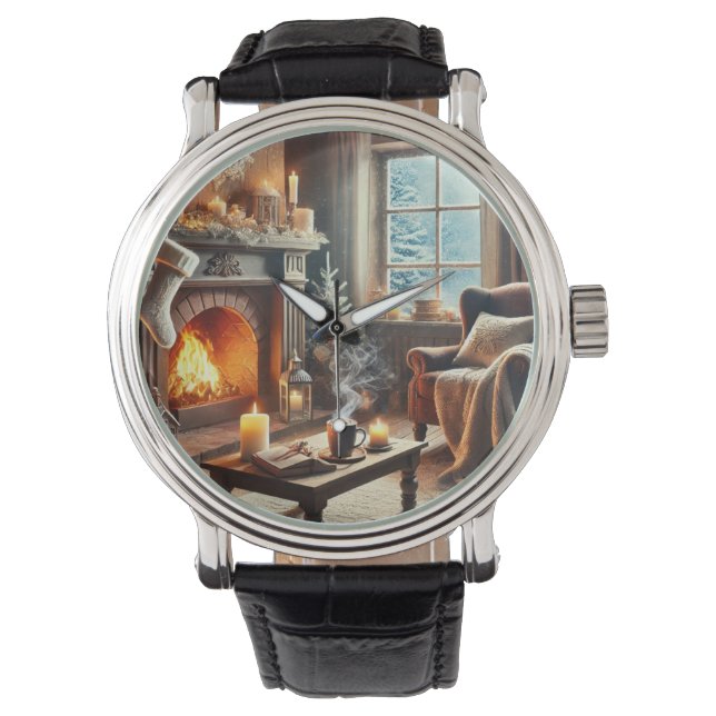 Reloj De Pulsera Un acogedor escenario invernal junto a la chimenea (Anverso)