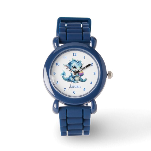 Reloj De Pulsera Un bebé dragón azul lindo comiendo un pastel (Anverso)