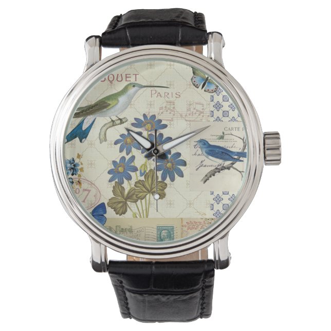 Reloj De Pulsera Un Bouquet de flores azules, pájaros y mariposas (Anverso)