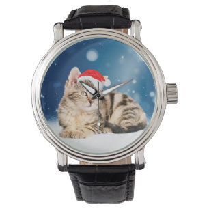 Reloj De Pulsera Un gato lindo vestido con Navidades de sombrero ro