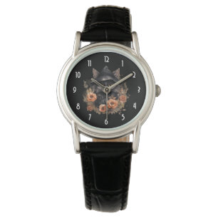 Reloj De Pulsera Un gato negro lindo en el Gorra de una bruja