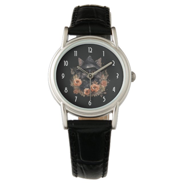 Reloj De Pulsera Un gato negro lindo en el Gorra de una bruja (Anverso)