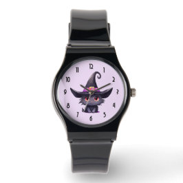 Reloj De Pulsera Un gato negro lindo vistiendo al Gorra de una bruj