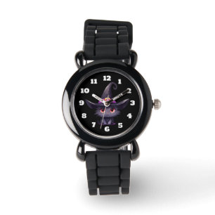 Reloj De Pulsera Un gato negro lindo vistiendo al Gorra de una bruj