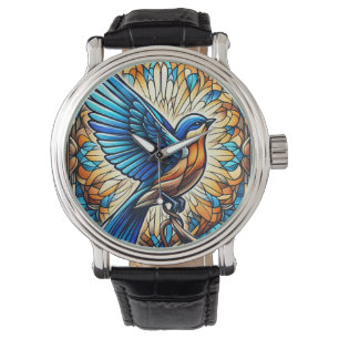 Reloj De Pulsera Un pájaro azul sereno: Pintura de vidrio manchado