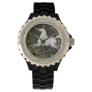 Reloj De Pulsera Un Stallion árabe gris galopando con perros