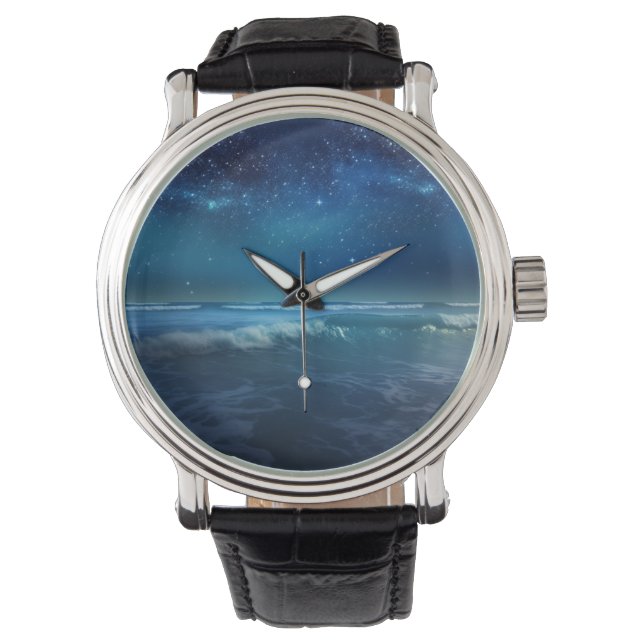Reloj De Pulsera Un viaje oceánico azul bajo un cielo estrellado. (Anverso)