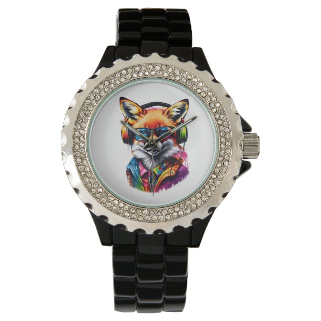 Reloj De Pulsera Un zorro con audífonos y gafas (Anverso)