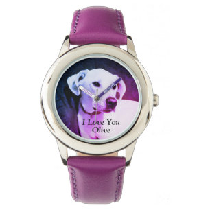Reloj De Pulsera Una pequeña foto de un perro morado de cachorro bl